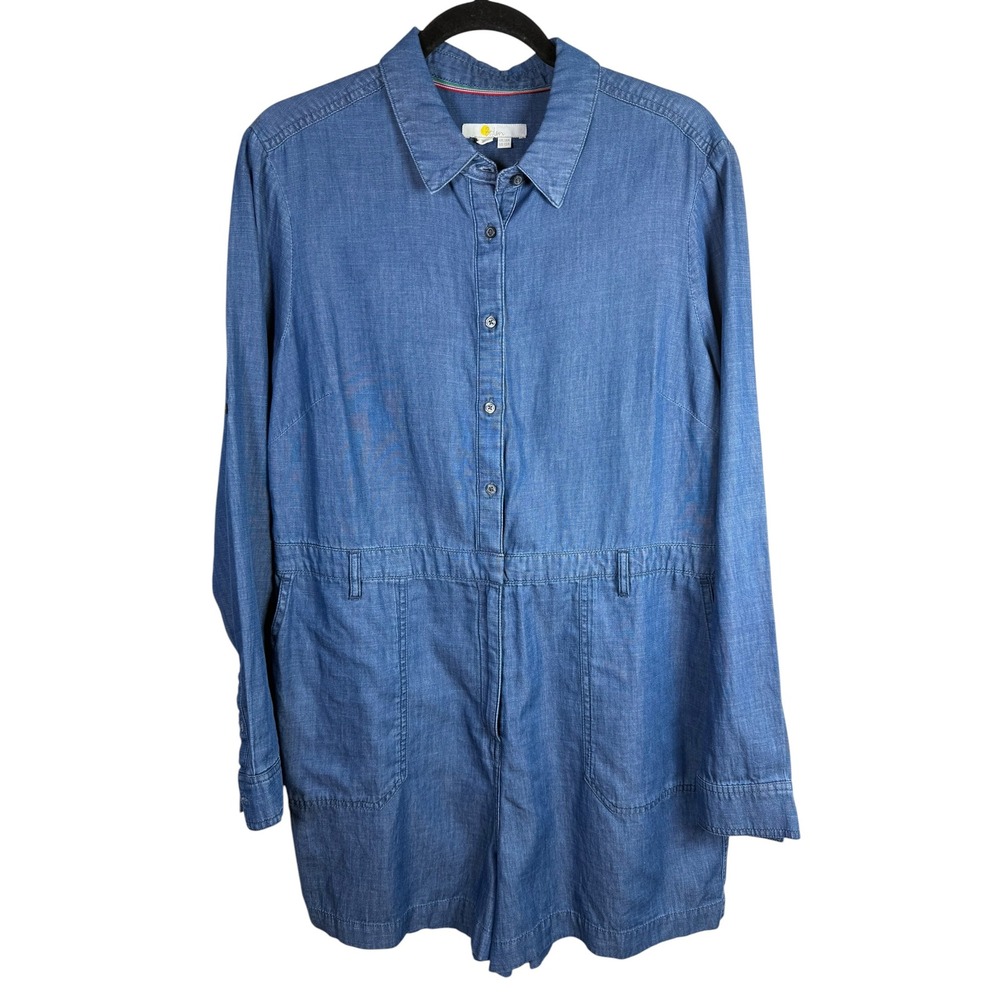 Boden Women's Sophia Chambray Denim Romper Size 12 Long Roll Tab Sleeves